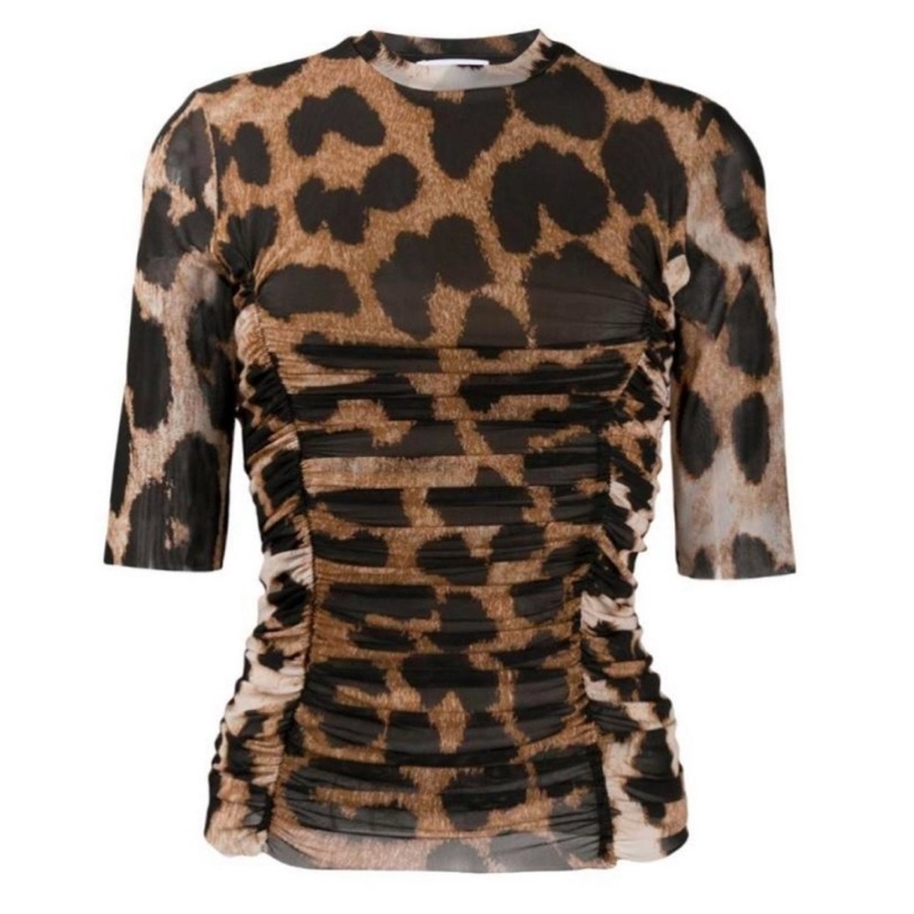 Ganni Ruched Leopard Print Stretch Mesh in Brown/Black/Medium - Picture 1 of 10
